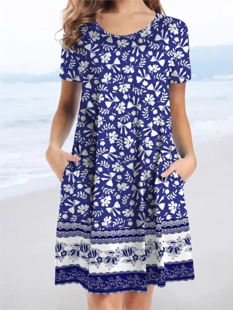 

Casual Boho Print Dress Lady Fashion O Neck Short Sleeve Pullover Loose Dresses For Women Holiday Beach Womens Clothing Summer
