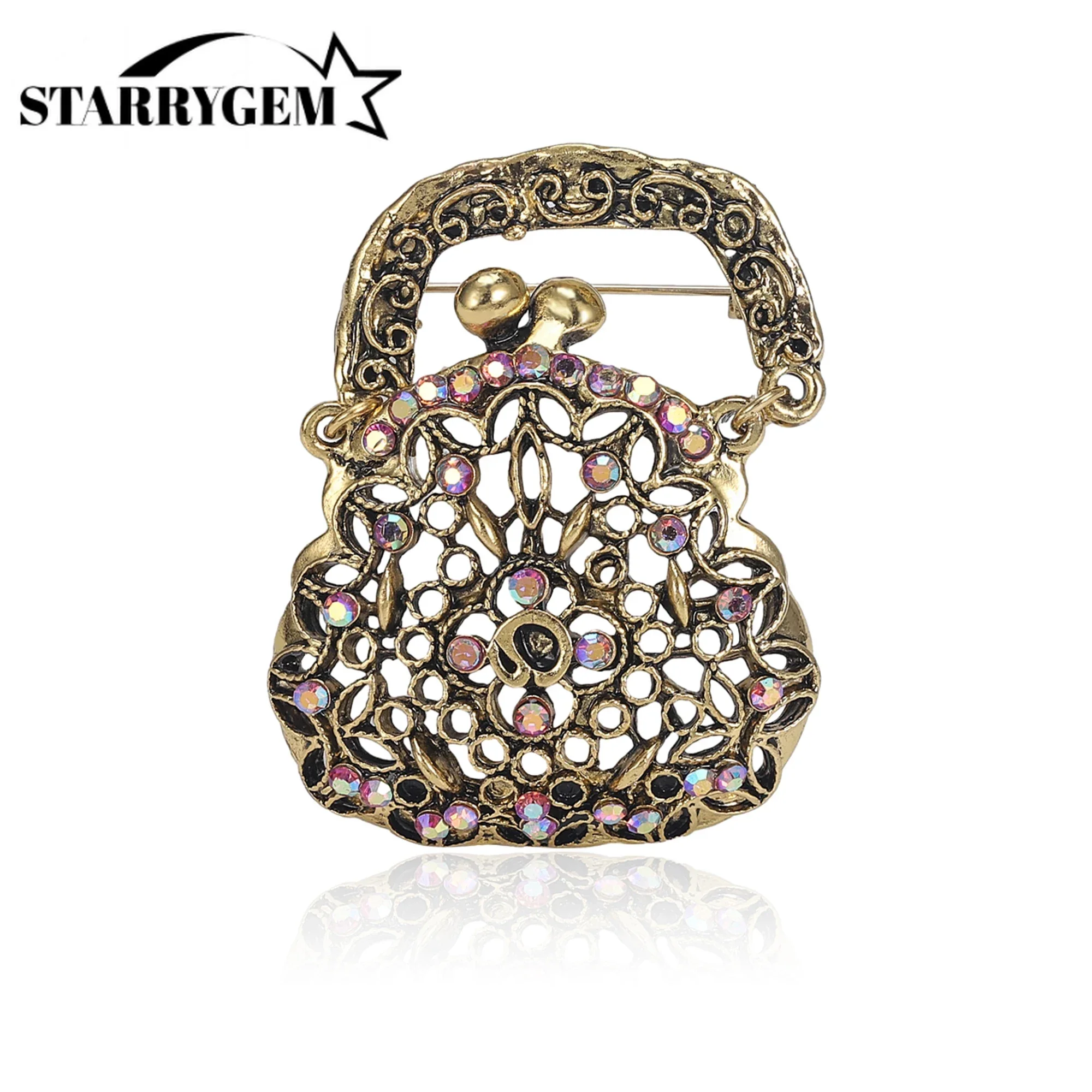 Rhinestone Handbag Brooches for Women Hollow Design Bag Pins Office Party Friend Gifts Jewelry Accessories