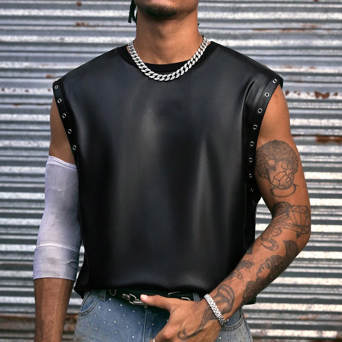 Herren Lederweste Mode PU-Leder T-Shirts Biker Tanktops Streetwear Überlegene Qualität
