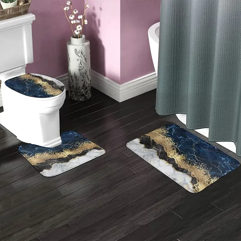 Badmat voor badkamertapijten marineblauw marmer goud abstracte sets 3-delige douchematten traagschuim antislip toiletkuip vloerkleed