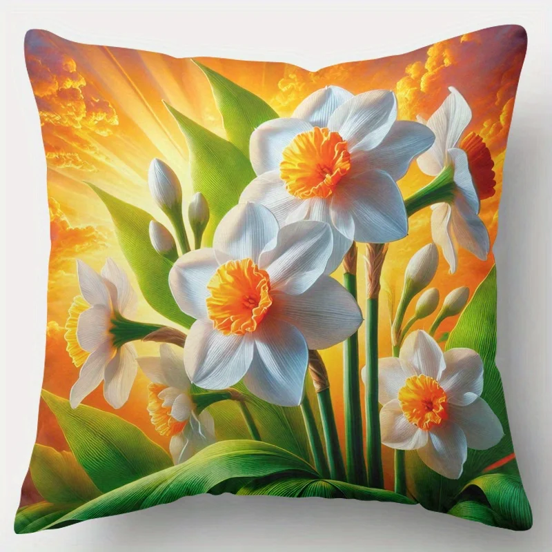 1pc Daffodil Sunshine Print Throw Pillow Cover,Suitable for Sofa,Bedroom,Living Room,A Fresh Gift for Flower Lovers