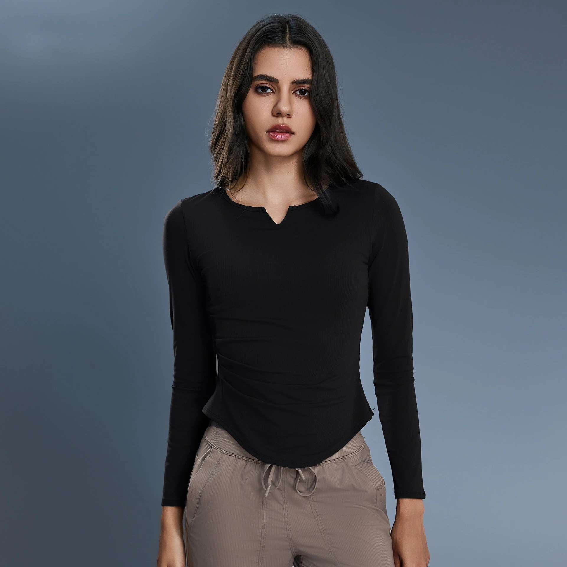 Lemon Women V Neck Slim Fit Long Sleeved Running T Shirt  Thumb Hole Sports Lightweight Shirts Hem T Shirt Tunic Pilates Top