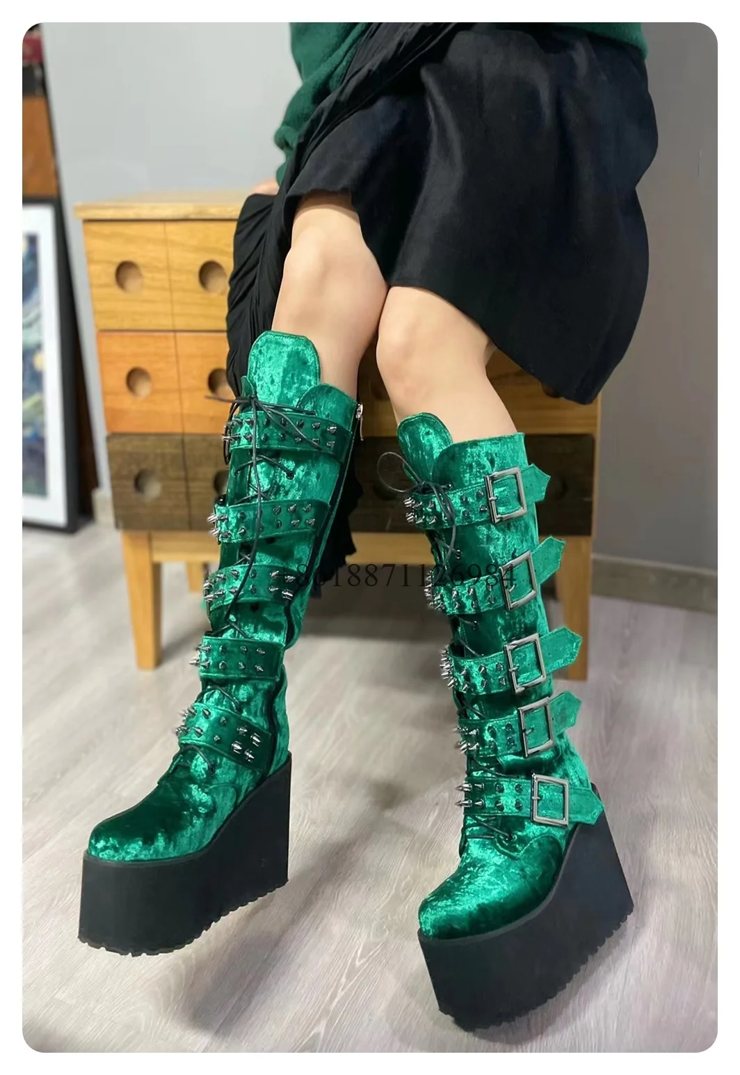 Dress Knee High Lace up Rivets Platform Zip Buckle Boots Women Chunky High Heel Street Round Toe Boots Girl Shoes Leather Design