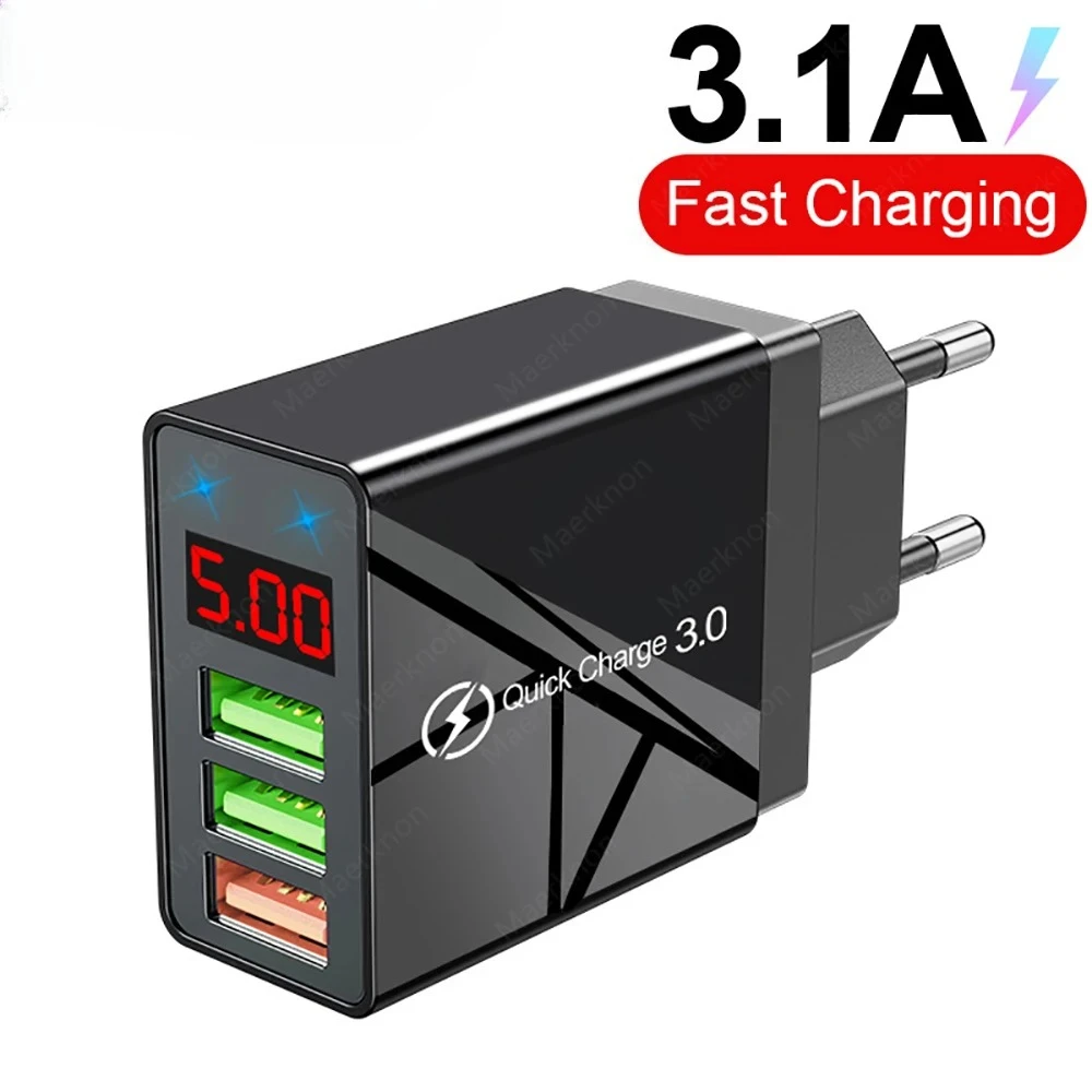 3.1A 3 Ports USB Charger Fast Charging LED Display Phone Charger Adapter For iPhone Samsung Xiaomi Quick Charge 3.0 Wall Charger