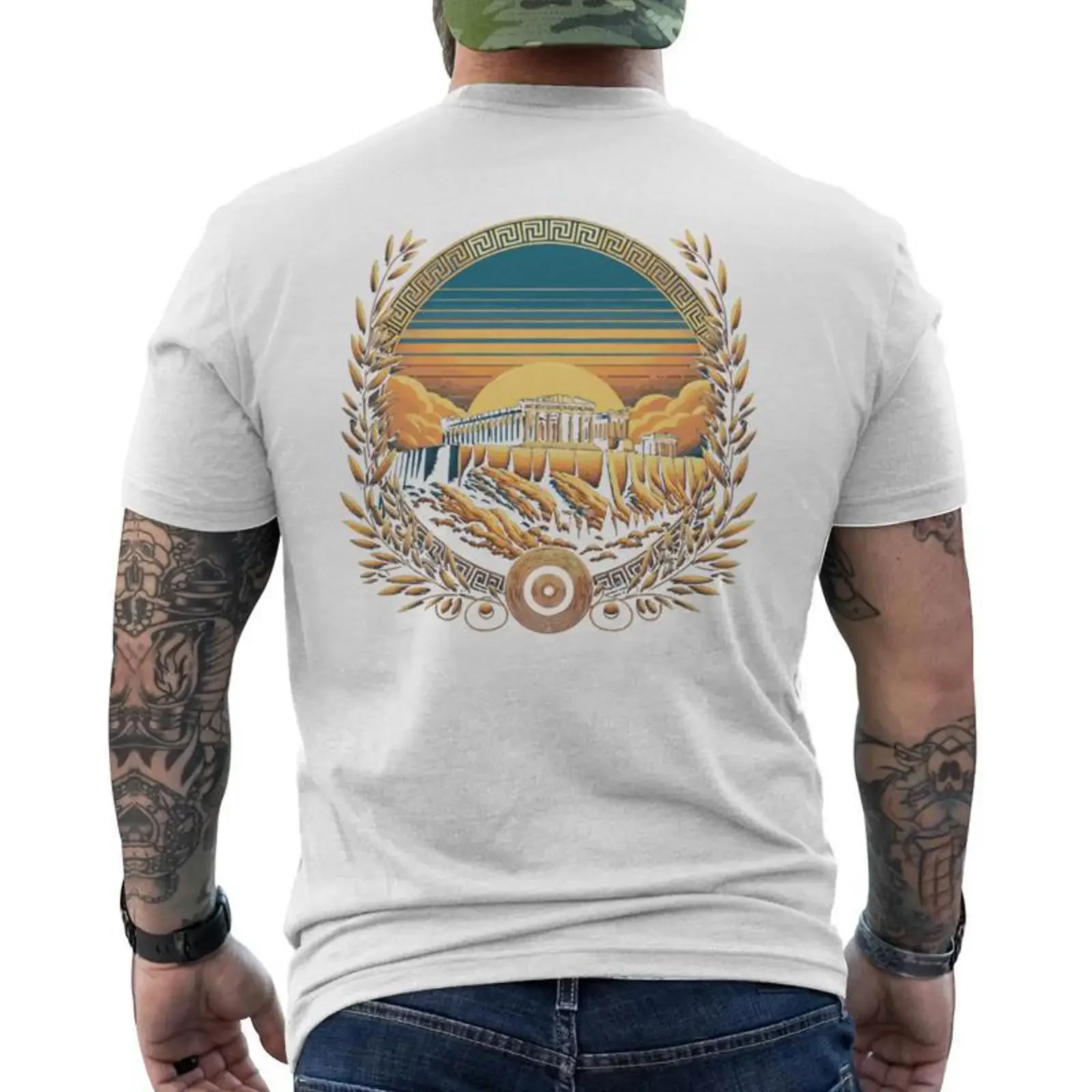 Retro Acropolis Athens Greece Cityscape Sunset Men's T shirt Back Print Monsterry vintage Washed Comfortable fashion Versatile