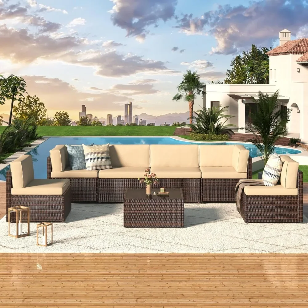 

7 Piece Outdoor Patio Furniture Set, PE Rattan Wicker Sofa Set, Outdoor Sectional Furniture Chair Set with Cushions and Te