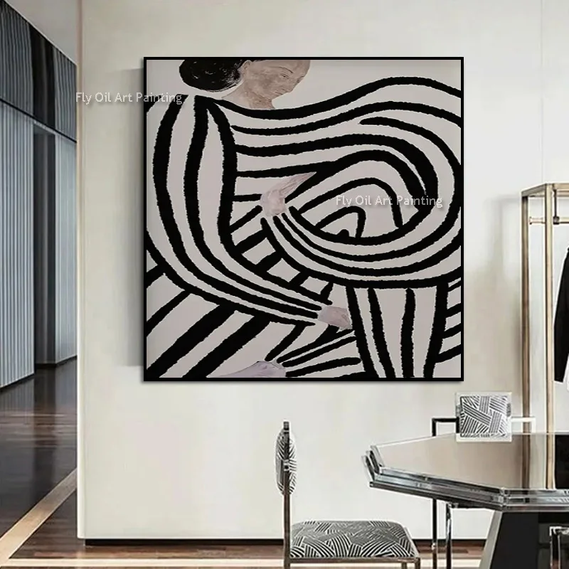Handmade Canvas Wall Art Modern Figurative Textured Oil Painting Black White Line Abstract Large Wall Decor For Home Decoration