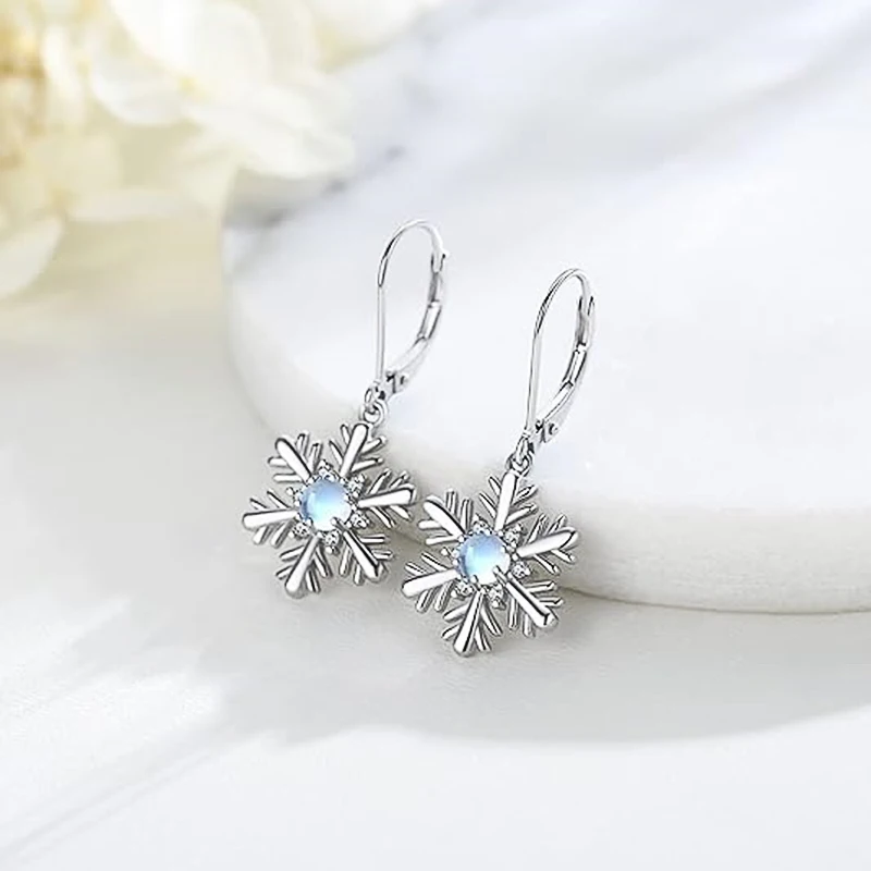 Huitan Christmas Snowflake Pendant Earrings for Women Silver Color Imitation Moonstone Accessories for Party Winter Jewelry Gift