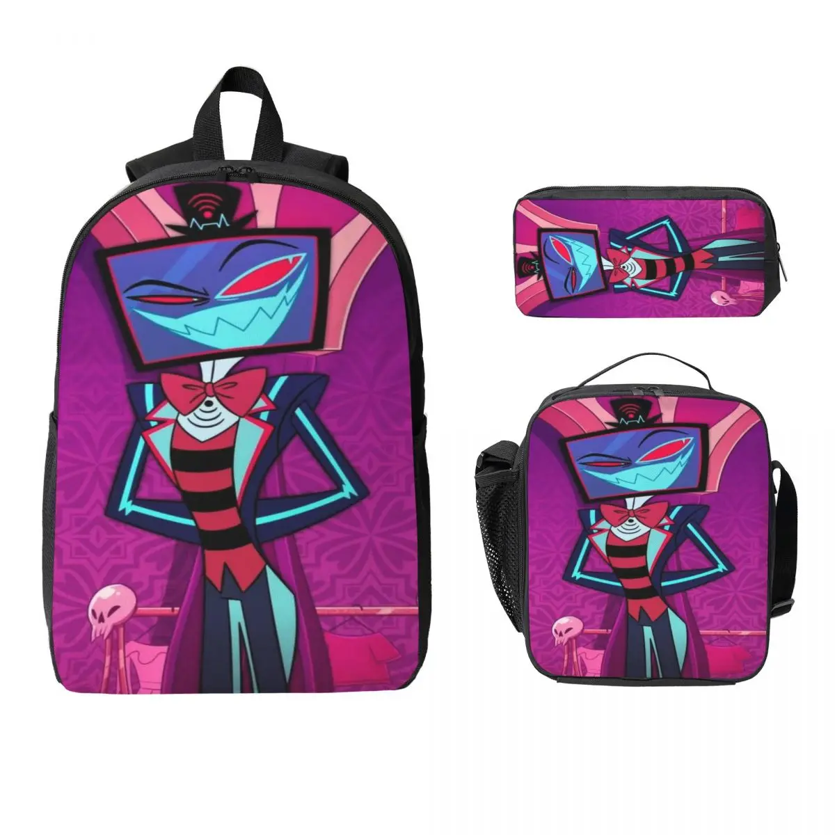 Hazbines Hoteles Alastor Vox 2 حقيبة ظهر للأطفال صندوق الغداء صناديق أقلام رصاص للبنين بنات حقائب الظهر Kawaii حقيبة مدرسية مجموعة حقائب الكتب #1