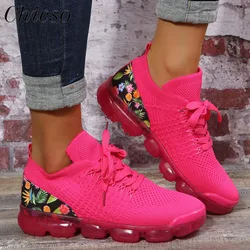 Women's Sport Sneakers New Fashion Knitted Fabric Ladies Breathable Lace Up Comfy Casual Shoes 35-43 Large-Sized Running Flats