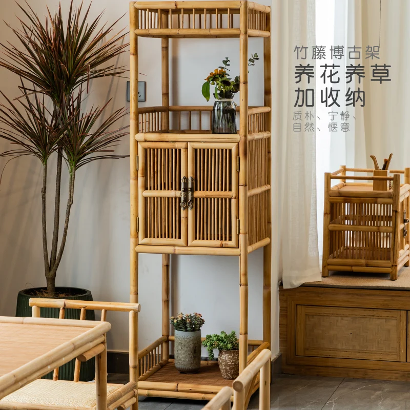 

Bookcase, bamboo and rattan storage cabinet, antique Zen style, Duobao Pavilion storage side cabinet, potted flower rack