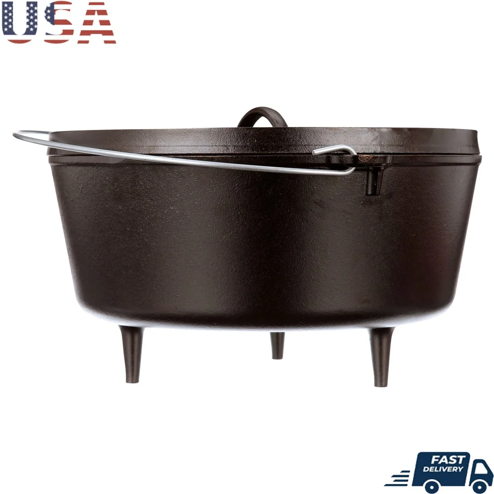 

4 Quart Cast Iron Camp Dutch Oven with Lid Ideal Searing Simmering Baking Frying Even Cooking Outdoors Hiking Camping Trips