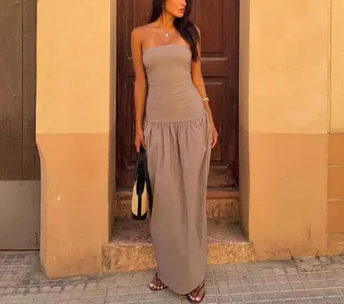 

Summer 2025 Solid Color Sleeveless Strapless Backless Casual Patchwork Dress for Women, Fashionable and Elegant Strapless Dress