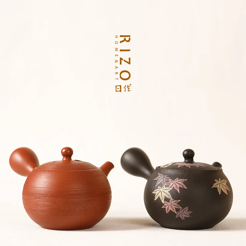 Japanese Style Spring And Autumn Kiln, Red Mud, Pine Bark, Black Three Color Leaves, Side Handle, Tea Pot, Urgent Beard,