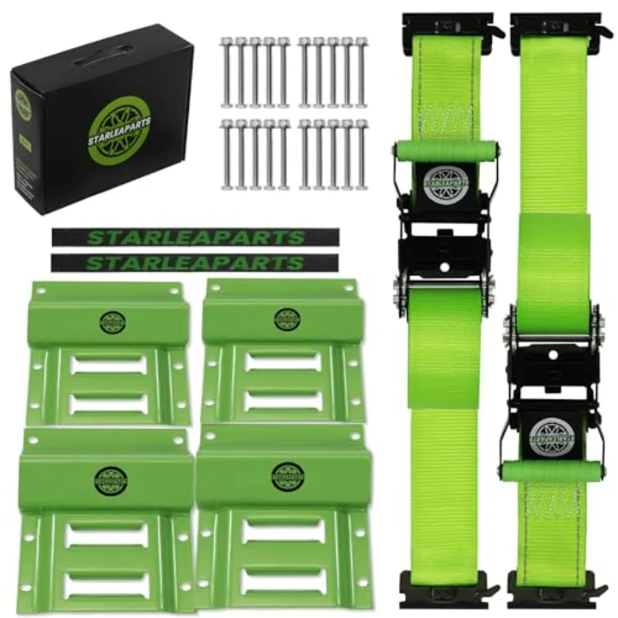

Heavy Duty Wheel Chock Tie Down Straps Set 4400lb Guaranteed Max Break Strength (2) 2" x 6' Trailer Tire Straps with (4) Wheel
