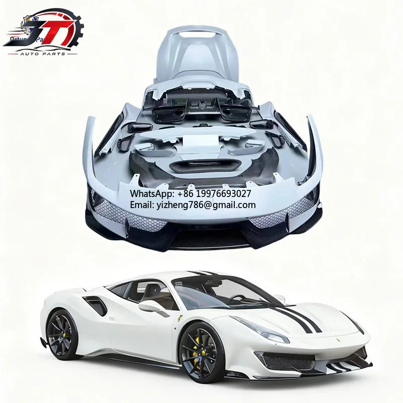 JT New for 488 Pista Bodykit Half Dry Carbon Fiber Side Skirts Front Bumper Splitter Engine Hood Rear Bumpers Screw-On 2016-2018