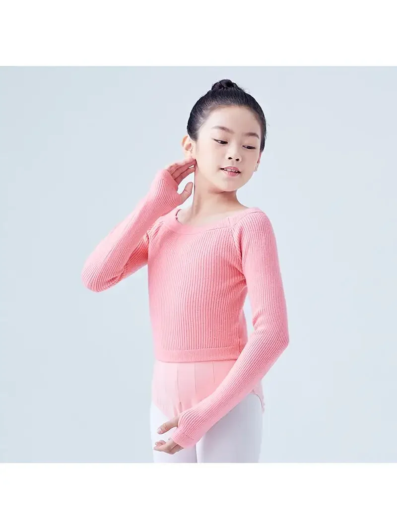 Girls Ballet Dance Sweater Elastic Flat Shoulder Sweater Teen Children Autumn Winter Pullovers Long Sleeve Knitwear