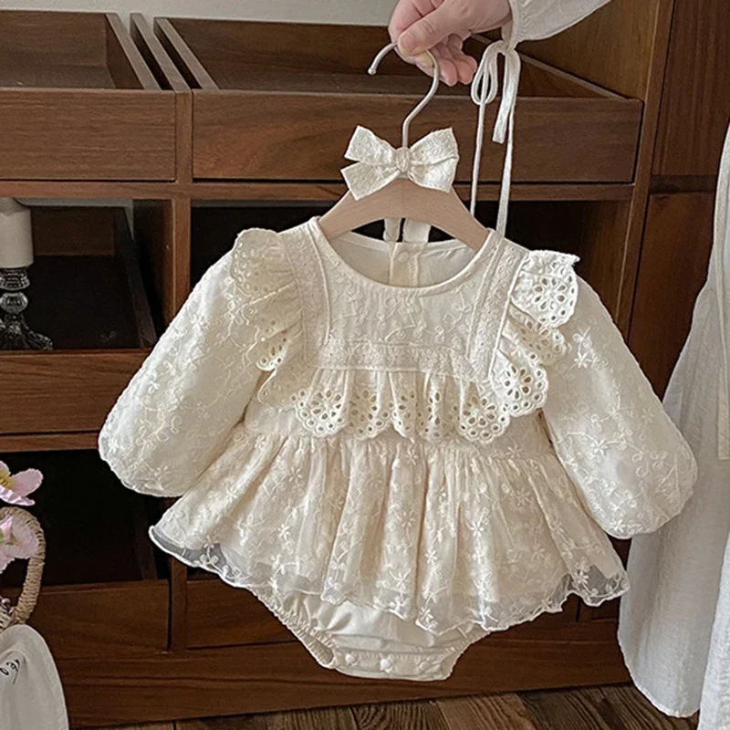 

2025 New Autumn Toddler Baby Girl Romper Long Sleeved Cotton Lace Splicing Infant Baby Jumpsuit 0-24M Children Clothes
