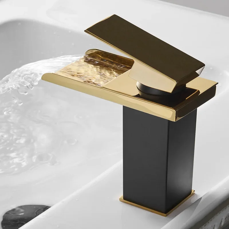 Brass Waterfall Bathroom Basin Faucet LED Cold Hot Mixer with Black Color Change Powered by Water Flow