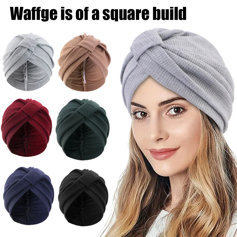 

Женская дышащая хлопковая толстая шапка-тюрбан с вафельной текстурой, индийская шапка, мусульманский тюрбан, бандана, шапка для химиотерапии с перекрестным узлом