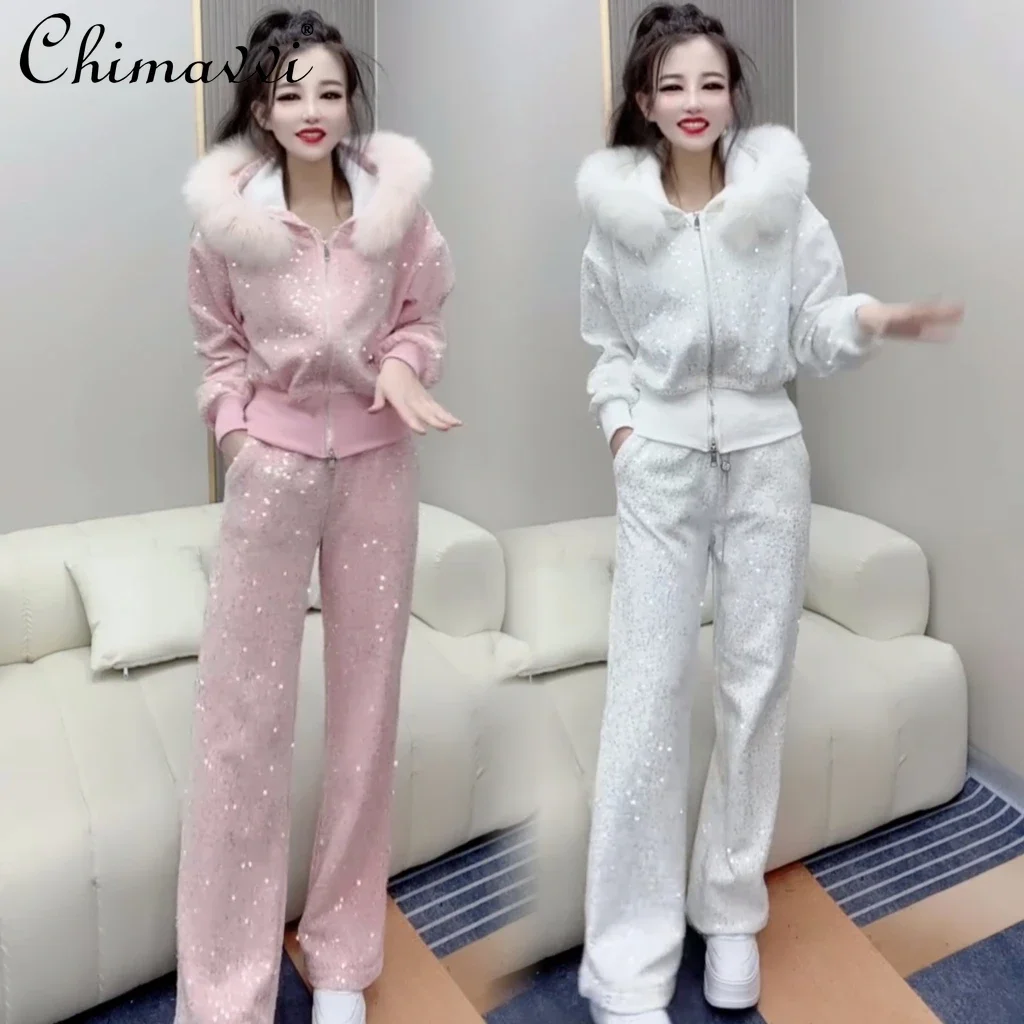 Winter New Fashion Heavy Sequins Long-Sleeved Furry Hooded Coat Women Casual Wide-Leg Pants Sweet Elegant Ladies Two-Piece Set