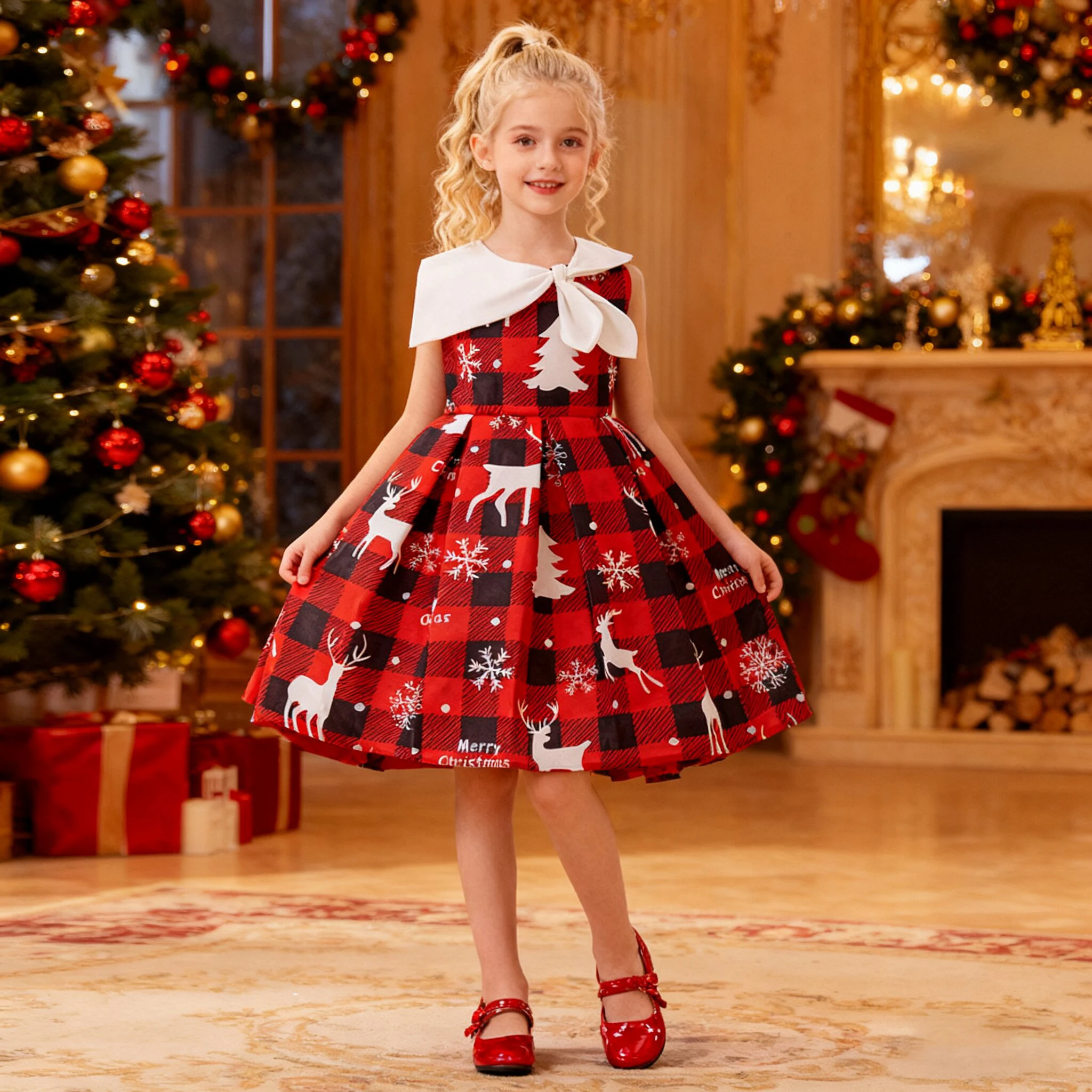 

Plaid Christmas Party Girls Dress Deer Snowflake Tree Print Wedding Birthday Princess Dresses Girl Bridsemaids Evening Costumes