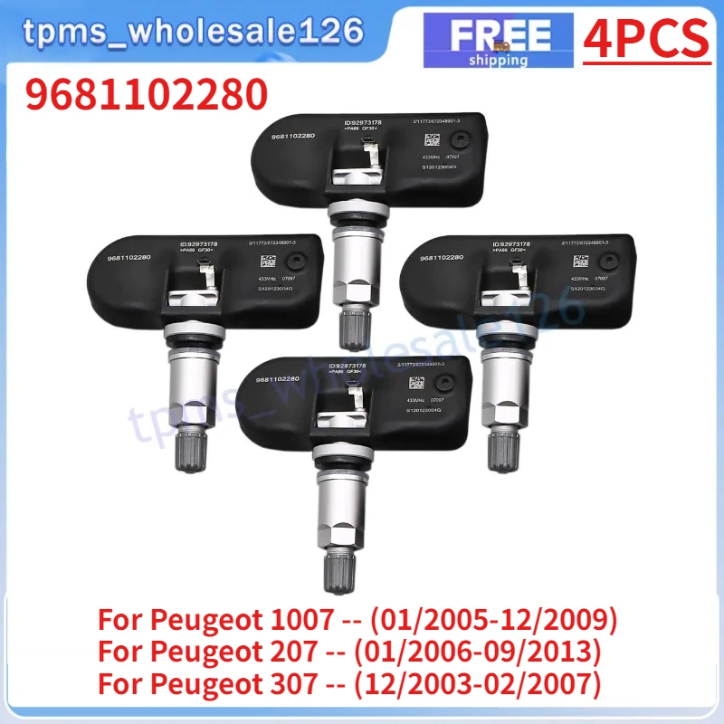 4PCS Reifendruckkontrollsensor 9681102280 für 2005-2009 Peugeot 1007 407 607 807 2004-2013 Citroen C5 TPMS 433MHZ 9673198580