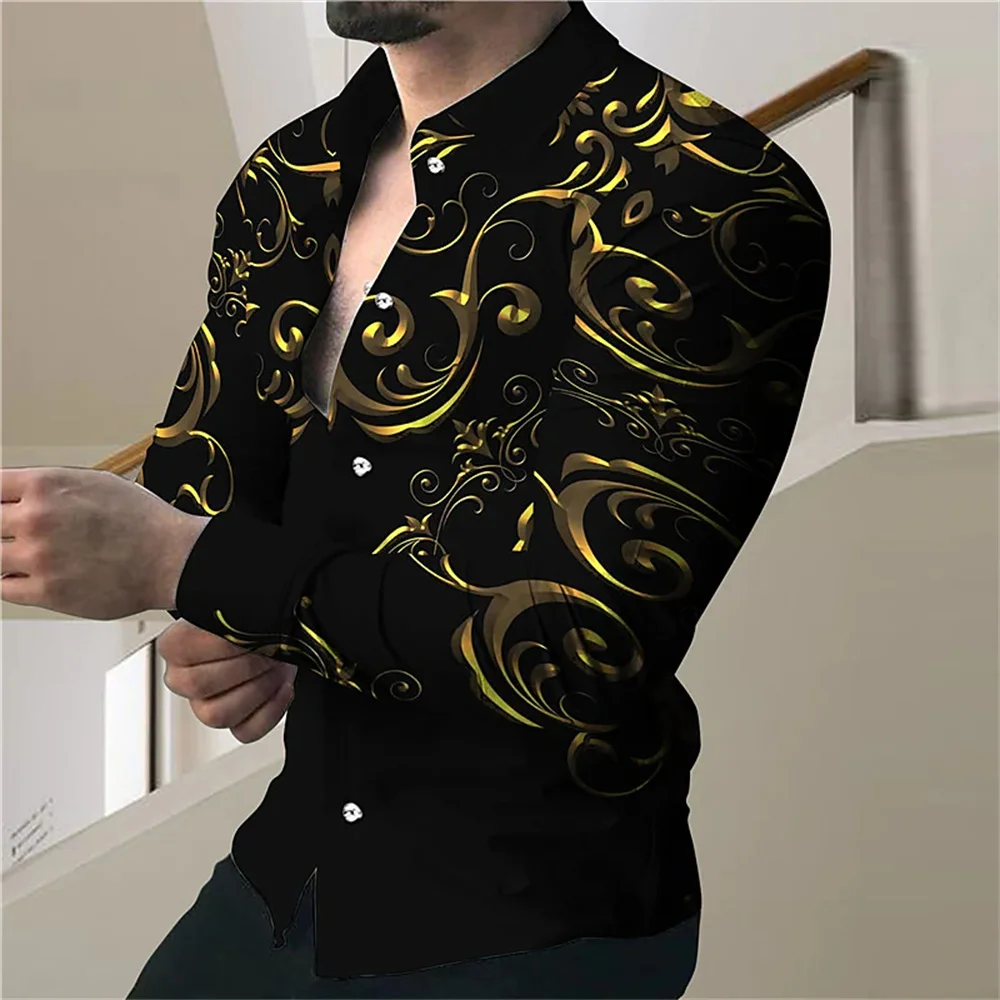 New Men\'s High Quality Luxury Prom Fashion Social 3D Line Graph Print Polo Button Fashion Designer Long Sleeve Men\'s Shirt 2023