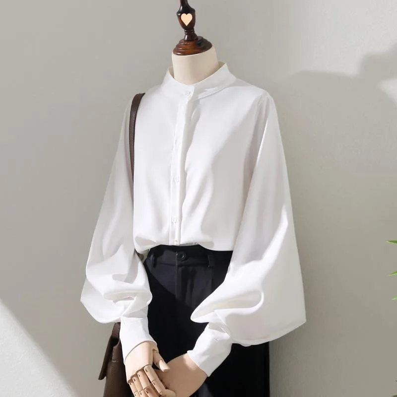 

Women's Spring and Autumn Shirt Women's Long Lantern Sleeve Stand up Collar Loose Shirt Top, Size Reference Size Chart