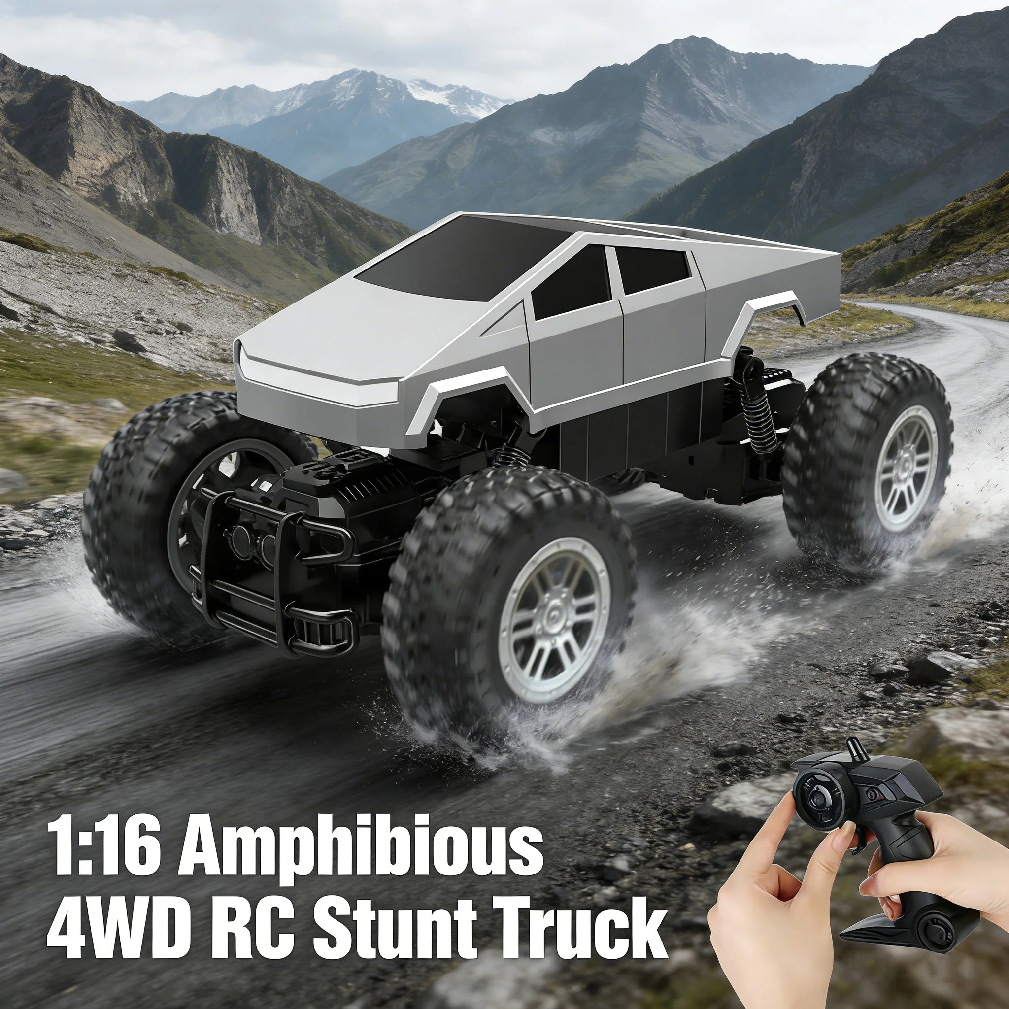 

1:16 Amphibious 4WD RC Stunt Truck - Waterproof Off-Road Car with 360° Spins & LED, Toy for Kids , Boys & Adults