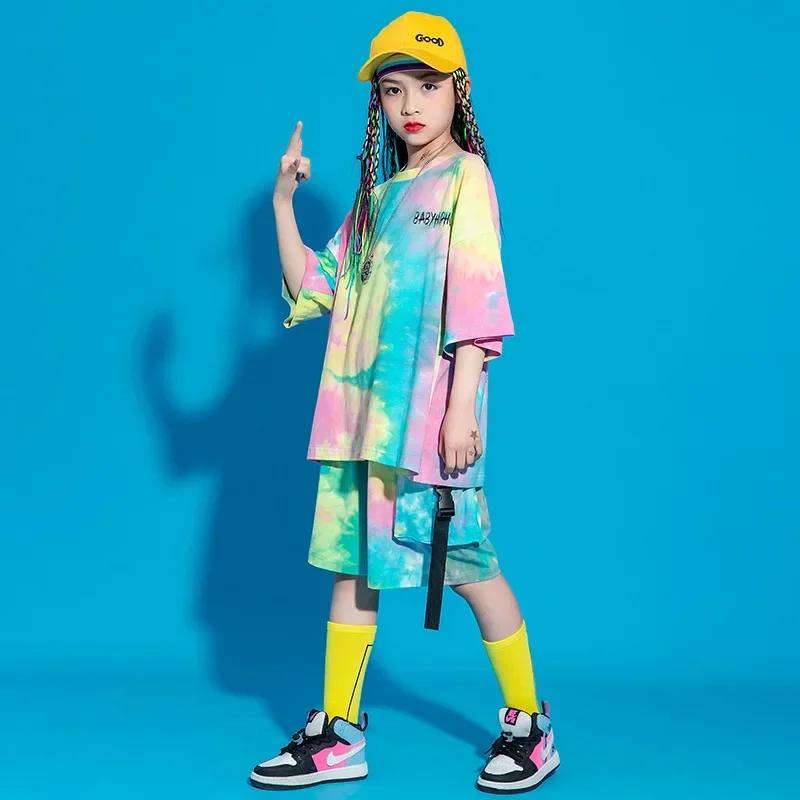 Kid Kpop Outfit Clothing for Girl Boy Graphic Tee Tie Dye Oversized T Shirt Top Streetwear  Cargo Shorts Hip Hop Stage Costume