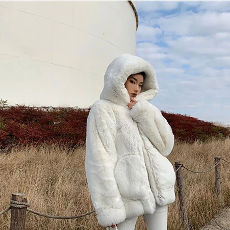 Imitation Rex Rabbit Fur Jacket Women Overcoat Autumn Winter 2024 New Thicke Warm Parka Fashion Loose Mid-Length Hooded Fur Coat