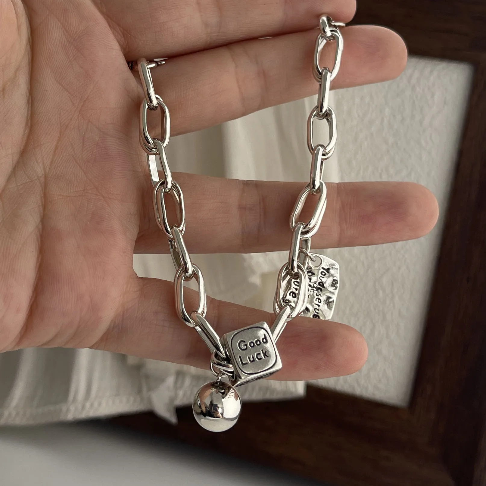 925 Sterling Silver "Good Luck" Charm Link Bracelet - Image 3