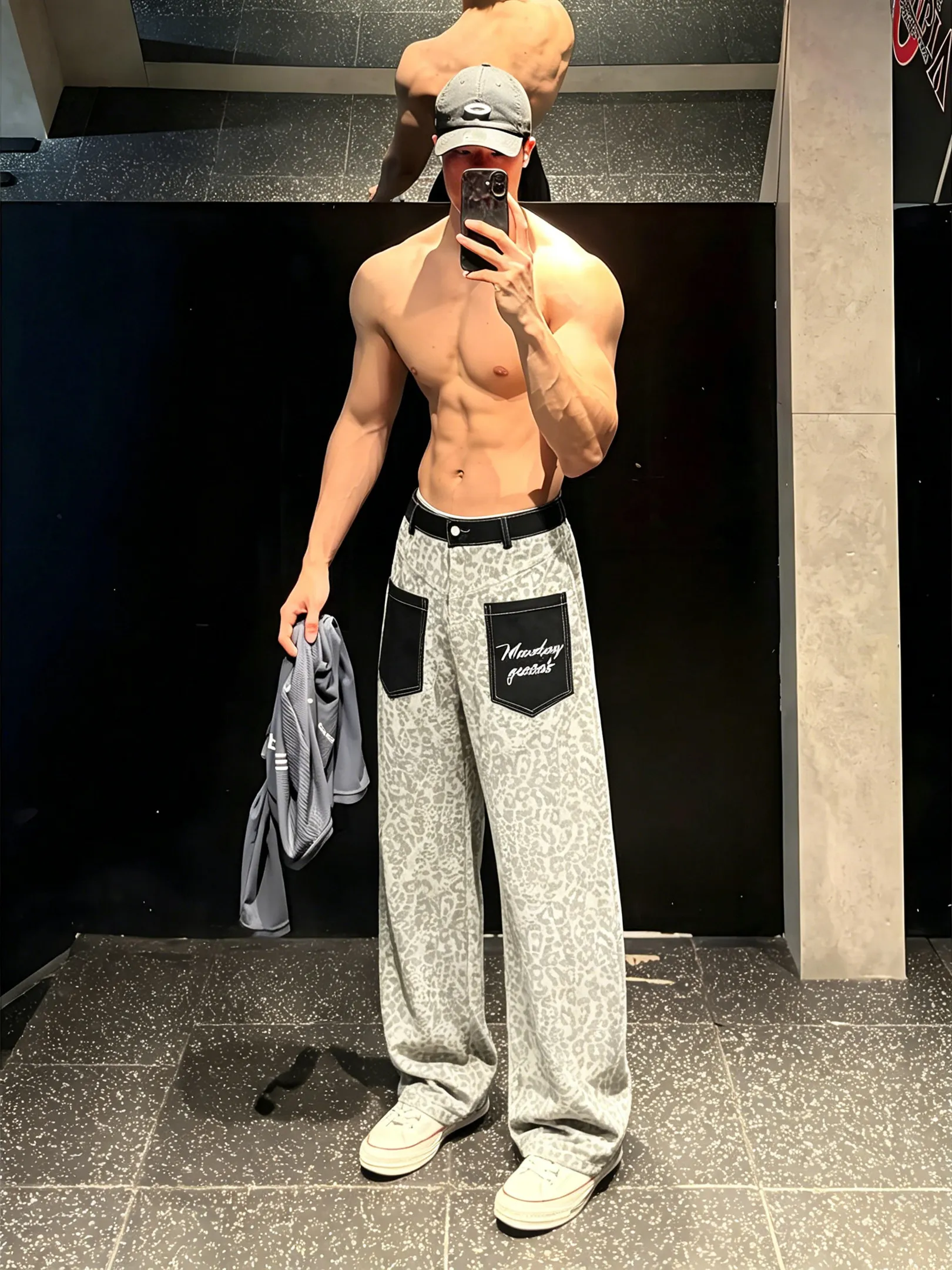 American Retro Leopard Print Men's Jeans Spring Summer Autumn High Waist Wide Leg Casual Long Trousers Pocket Knife 