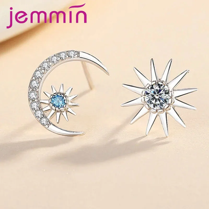 

Exquisite 925 Sterling Silver Asymmetry Moon Star Cubic Zircon Stud Earrings for Women Girls Wedding Party Fashion Jewelry Gifts