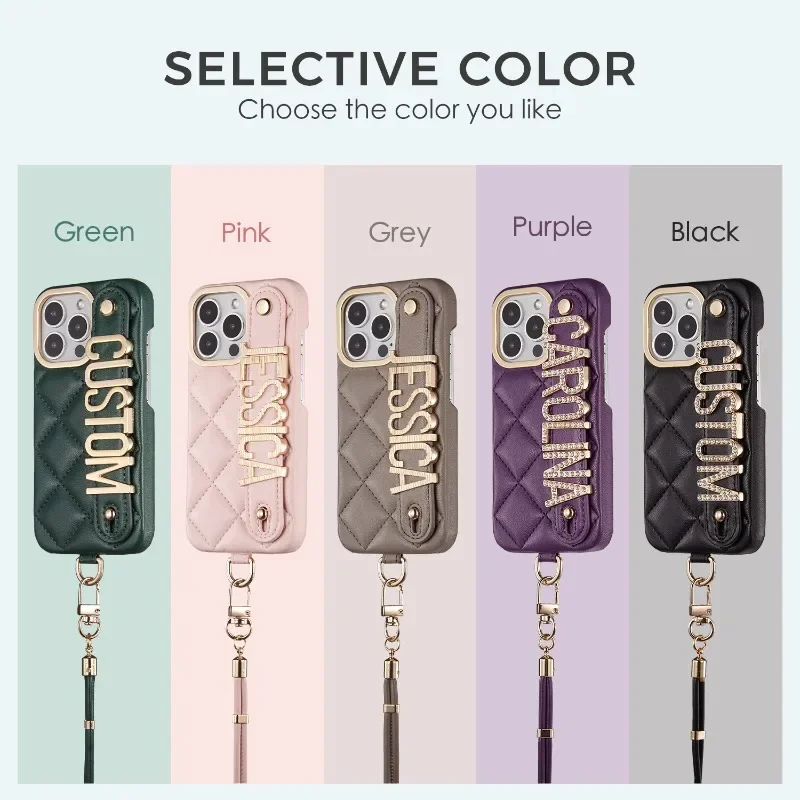 

Для iPhone 11, 12, 13, 14, 15, 16 Pro Max Series Роскошный кожаный держатель с именем в виде ромба Персонализированный чехол на ремешке с буквенным принтом для телефона