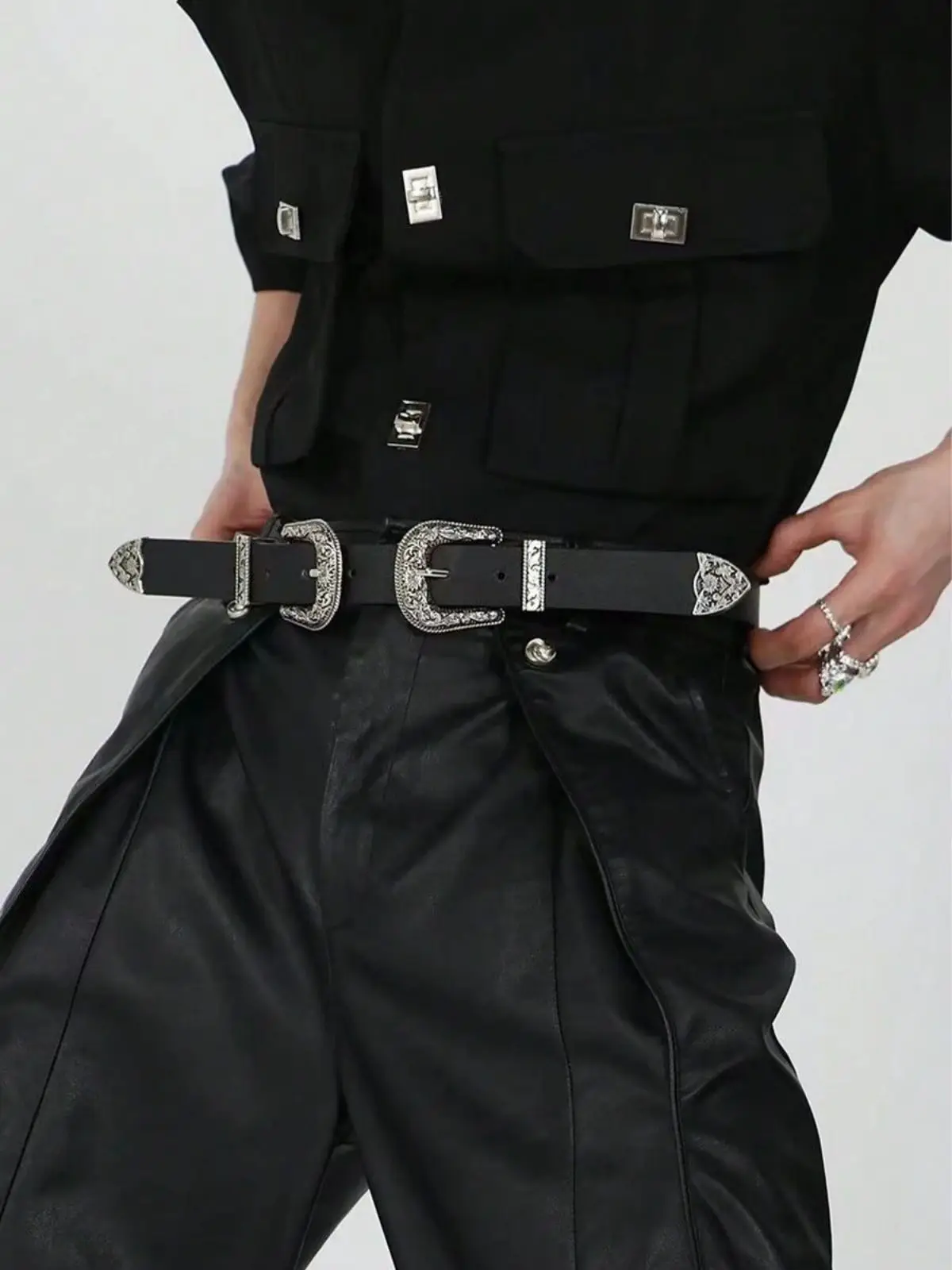 Men's Western Style Buckle Pu Decor Cowboy Pants Fashionable Cool Belt Suitable For Daily And Street Wear