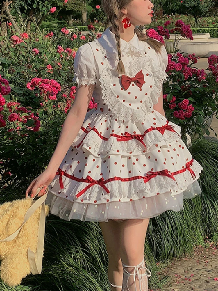 Japanese Kawaii Lolita Jsk Dress Women Dot Print Sweet Party Mini Dresses Female Summer Puff Sleeve Elegant Princess Strap Dress