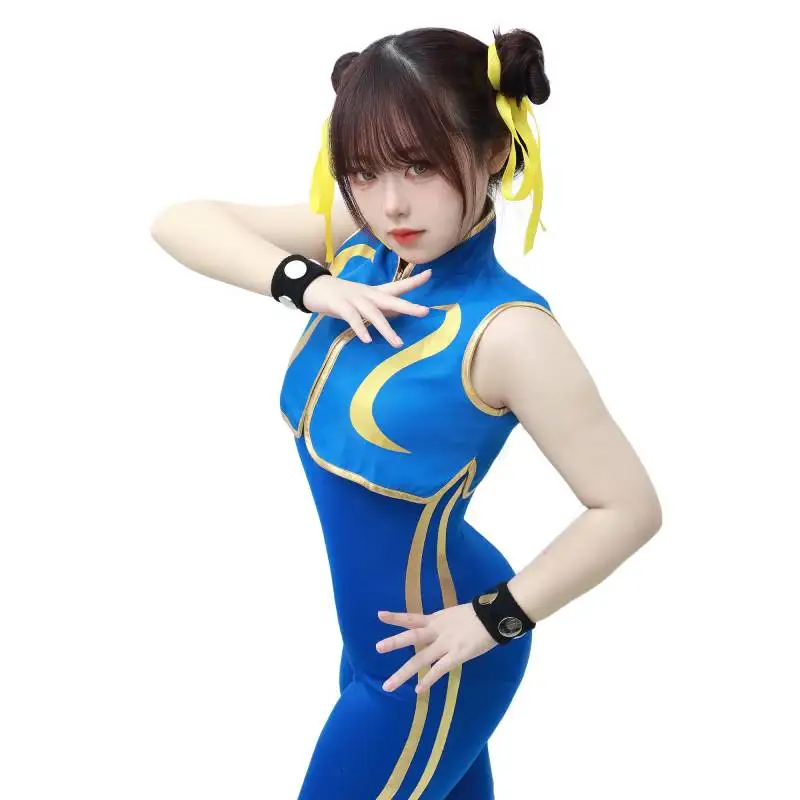 DAZCOS gry Chun Li przebranie na karnawał niebieski body gra bitewna body kobiety dziewczyny chun-li garnitur z bransoletką i gumki do włosów