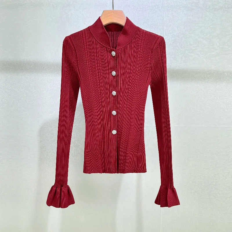 【هدية مجانية】 بلوزة نسائية عصرية فرنسية رفيعة قابلة للتمدد باللون الأحمر + طقم تنورة ضيقة مكون من قطعتين لخريف 2025 #2