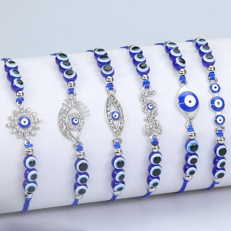 Pulsera de mal de ojo azul, mano de Fátima, pavo, mil ojos, deseo hecho a mano, brazalete de cuentas de resinas para mujer, pulseras elásticas, joyería