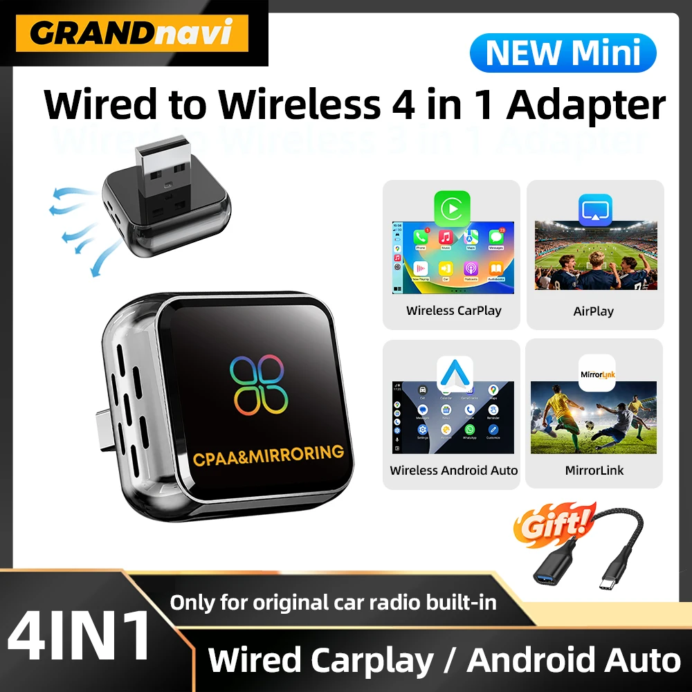 Dongle 4-en-1 sans fil pour CarPlay, Android Auto, Mirror Link, écran Plug & Play Bluetooth pour Apple et Android