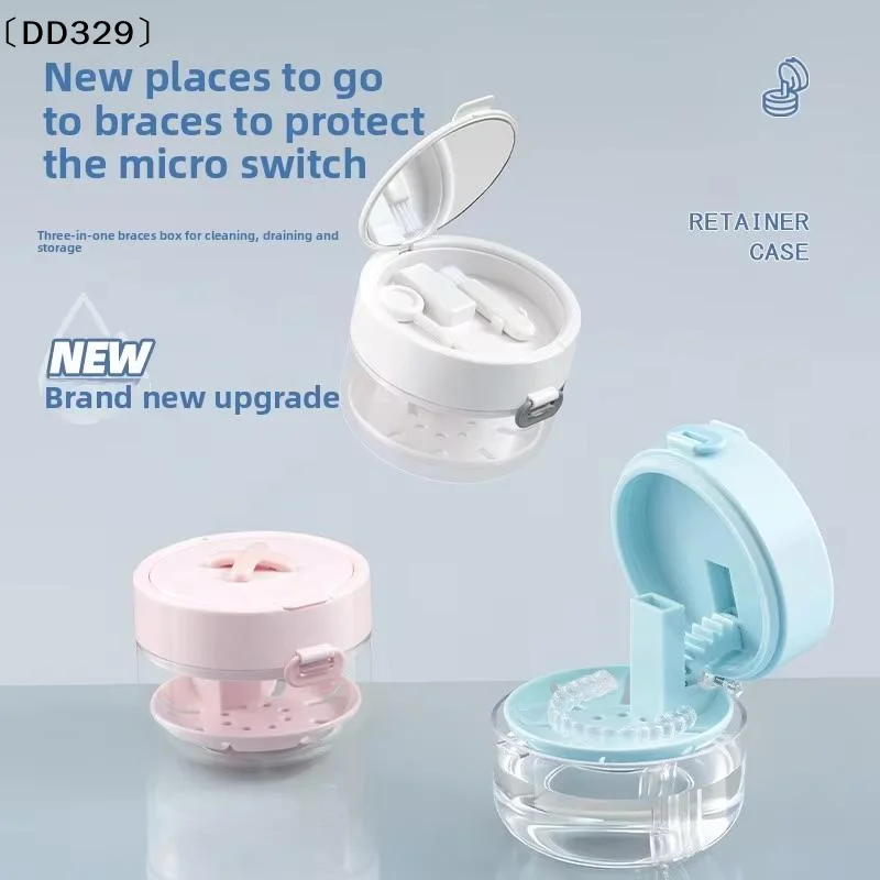 1Pcs 3 In 1 Portable Double-layer Denture Case With Cleaning Brush Storage Box Donut Braces Retainer Braces Organizer〔DD329〕