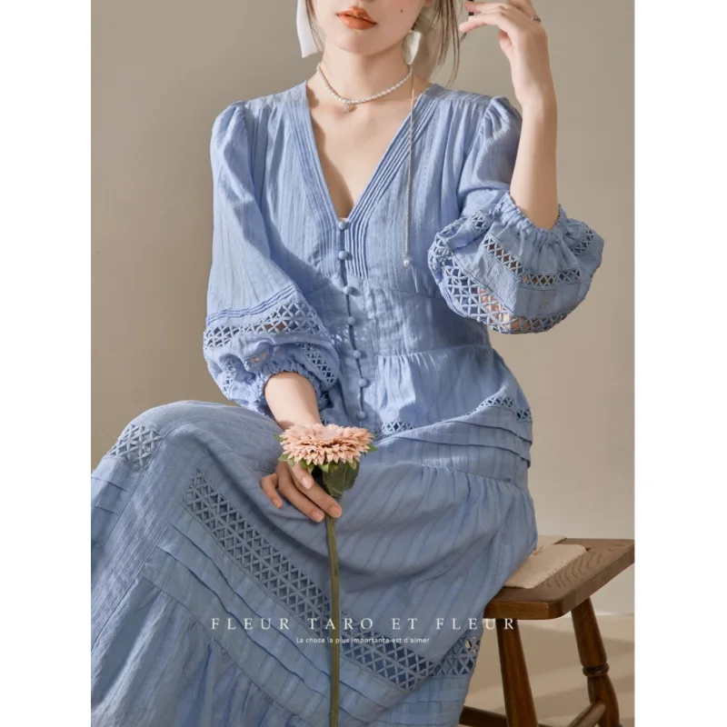 ビーチスタイル新作入荷　夏　エレガント　スリム　レディースワンピース　Vネック　ランタンスリーブ　透かし彫り　Aライン　良質コットンワンピース　Y123