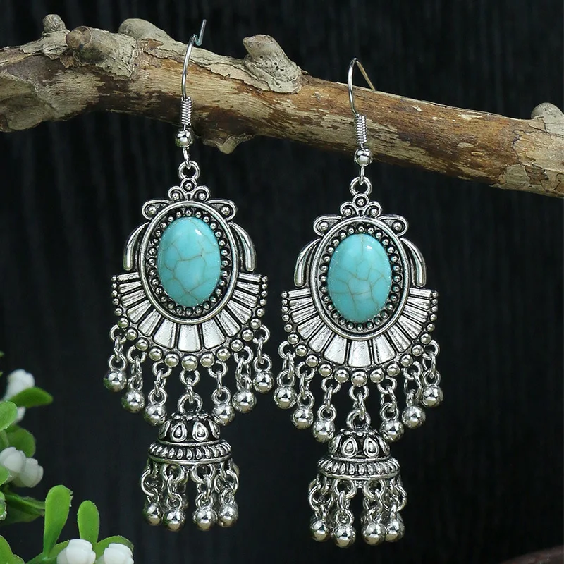 Fashion Bohemian Vintage Tibetan Silver Geometric Drop Earrings For Women Blue Stone Tassel Dangle Earrings Jewelry