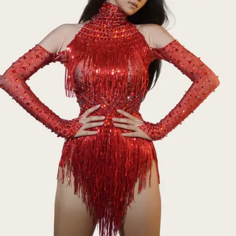 Latiao Sparkly Red Rhinestones Fringes Bodysuit Women Sexy Latin Dance Stage Costume Performance Show Wear Nightclub Outfit