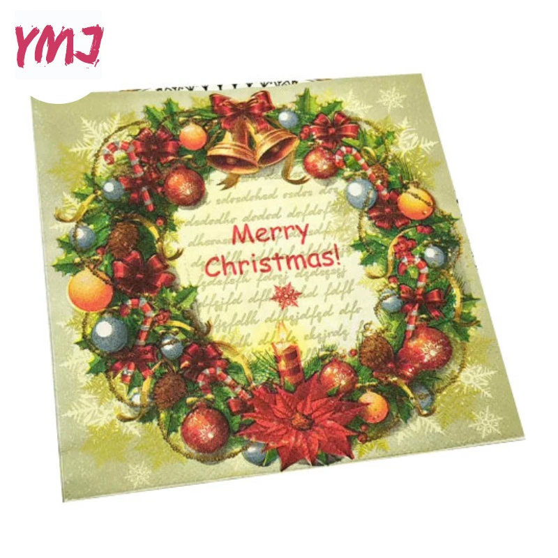 Christmas style bells printing napkins disposable western restaurant birthday party original wood paddle dinner paper 20pcs/pac