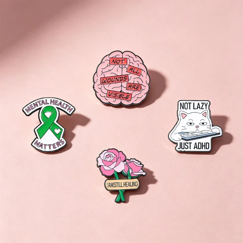 Creative Inspirational English Saying Mental Health Design Brooch Green Ribbon Enamel Metal Badge Pin DIY Clothing Bags Hat