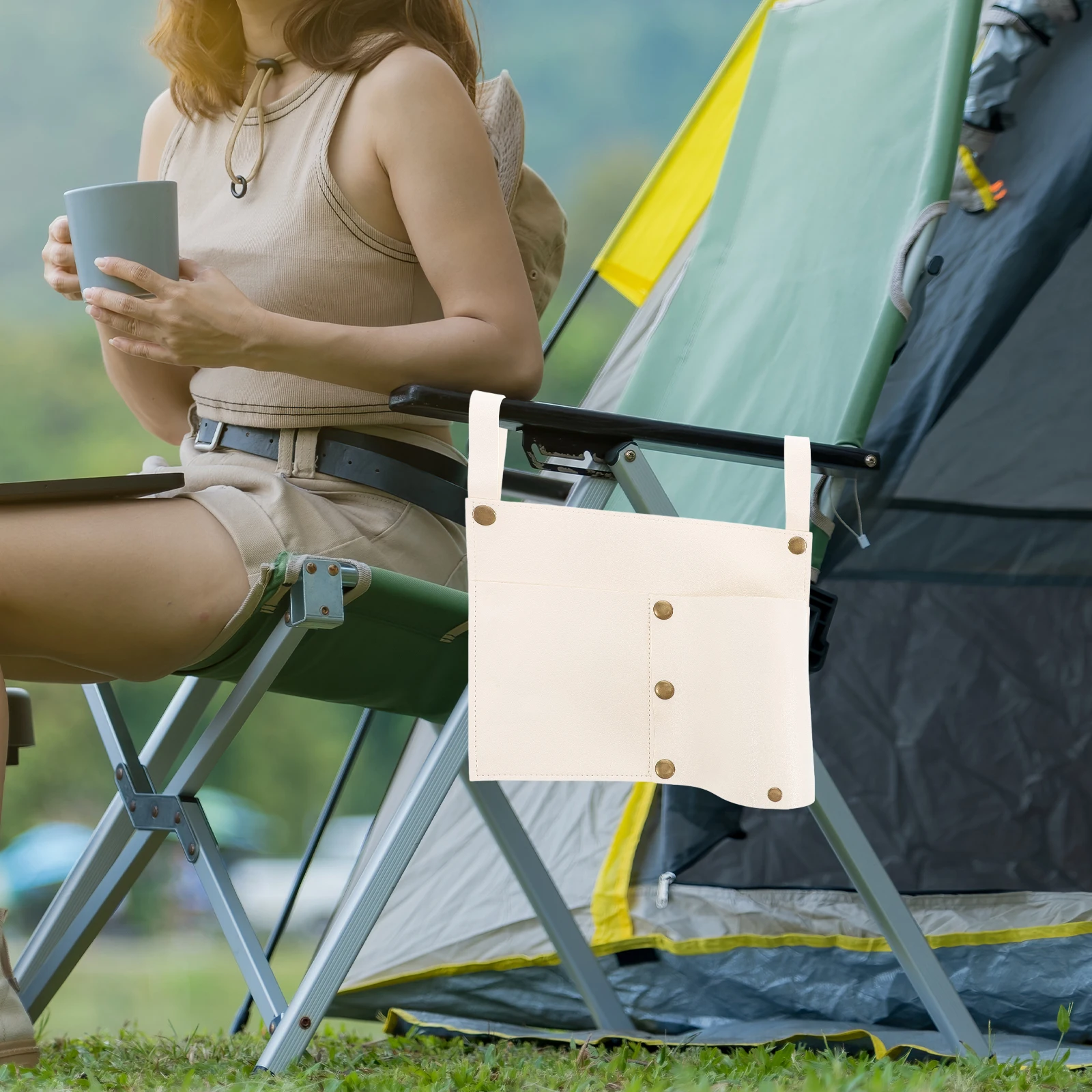 

Camping Stool Side Bag Phone Holder Arm Chair Cup Folding Pocket Armrest Organizer Pu Beach Storage Accessories
