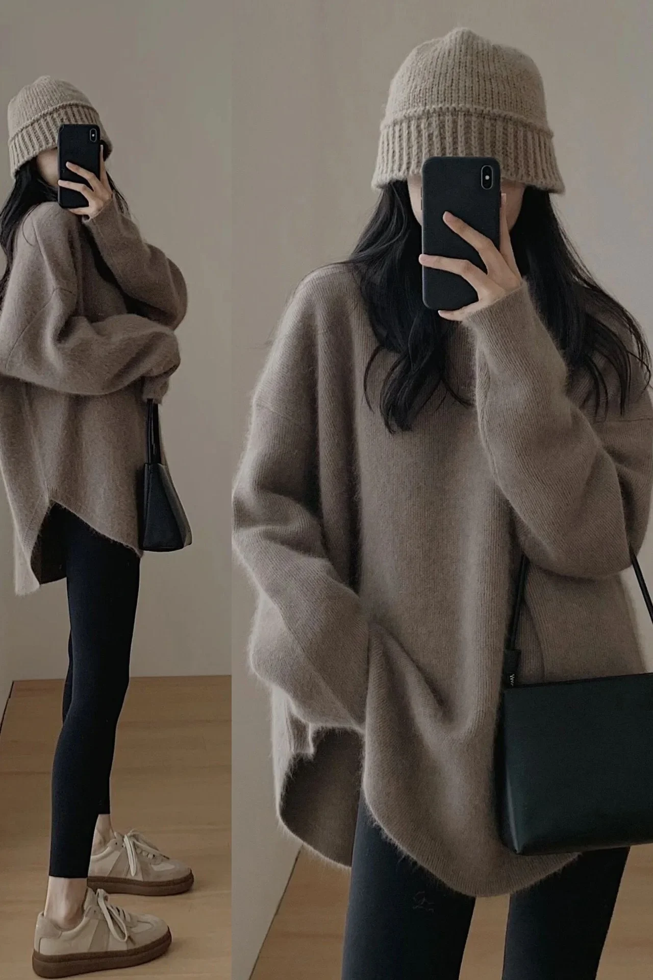 Pullovers Long Sleeve Knitted Jumper Women Sweaters Solid O Neck High Street Spliced Slight Strech Loose Fit Sweater Autumn